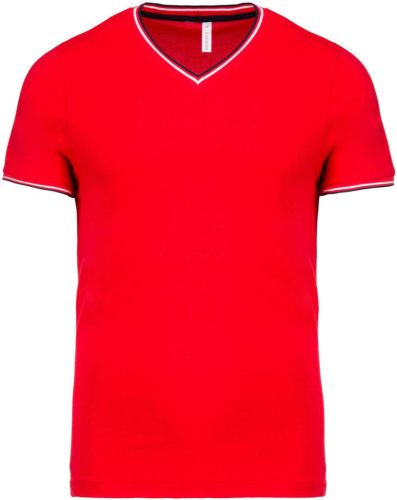 Kariban KA374 V-nyakú férfi piqué póló - red/navy/white szín