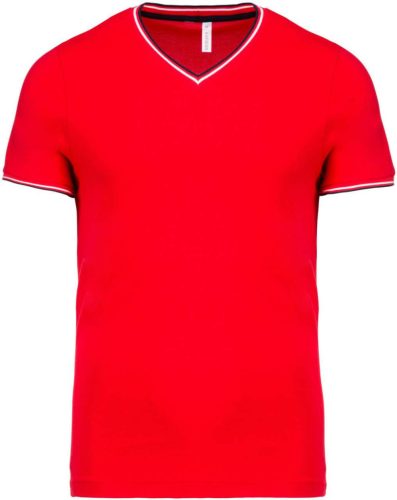Kariban KA374 V-nyakú férfi piqué póló - red/navy/white szín