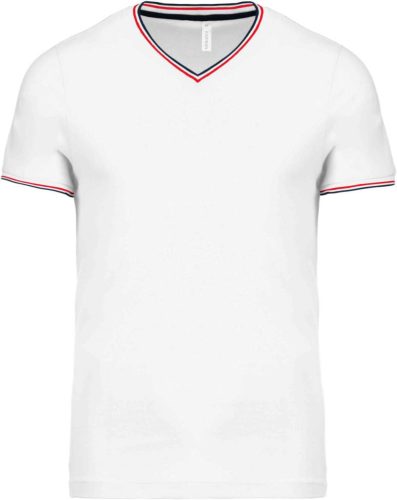 Kariban KA374 V-nyakú férfi piqué póló - white/navy/red szín