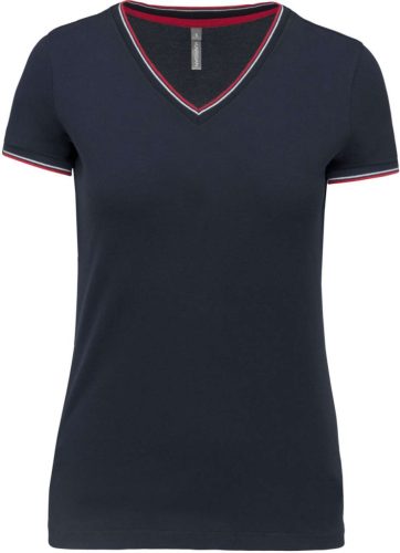 Kariban KA394 női V-nyakú piqué póló - navy/red/white szín