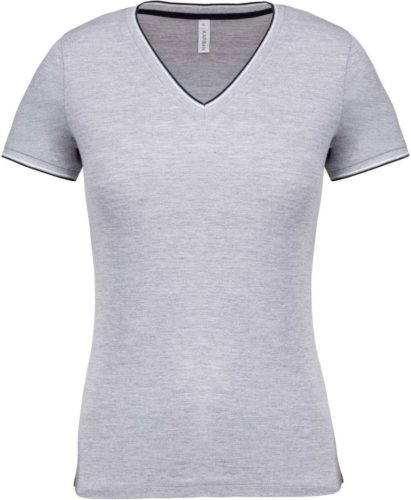 Kariban KA394 női V-nyakú piqué póló - Oxford grey/navy/white szín