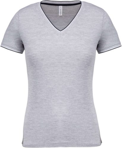 Kariban KA394 női V-nyakú piqué póló - Oxford grey/navy/white szín