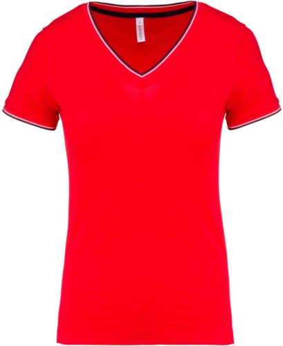 Kariban KA394 női V-nyakú piqué póló - red/navy/white szín