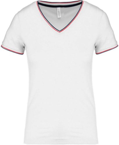 Kariban KA394 női V-nyakú piqué póló - white/navy/red szín